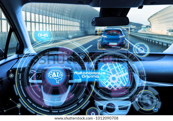Cockpit of autonomous car and\
AI(Artificial Intelligence). Driverless car. Self driving vehicle.\
UGV.