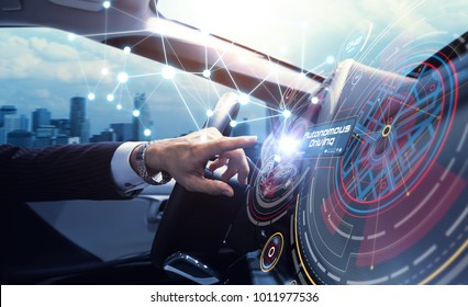 Cockpit of the autonomous car concept. Driverless car. Self-driving vehicle. UGV. - Shutterstock ID 1011977536