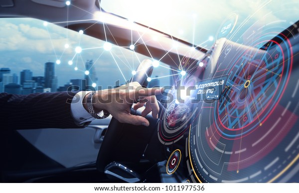 Cockpit of the autonomous car concept.\
Driverless car. Self-driving vehicle.\
UGV.