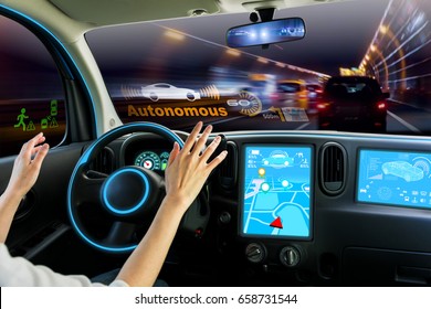 Cockpit Of Autonomous Car. Self Driving Vehicle Hands Free Driving.