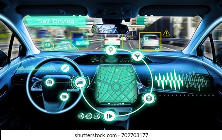 Cockpit Of Autonomous Car. Self Driving Vehicle.