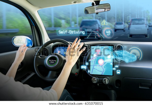 cockpit of autonomous car. self driving vehicle hands free driving.