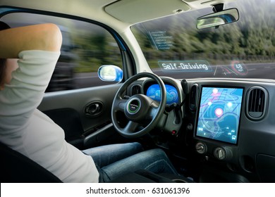 cockpit of autonomous car. a vehicle running self driving mode and a woman driver being relaxed.