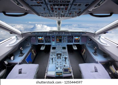 Cockpit of civil airliner flying on a high altitude.