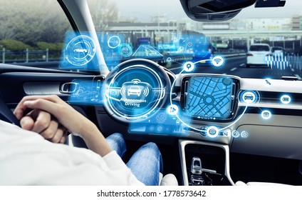 Cockpit of driverless vehicle. Autonomous car. Advanced transportation. - Shutterstock ID 1778573642
