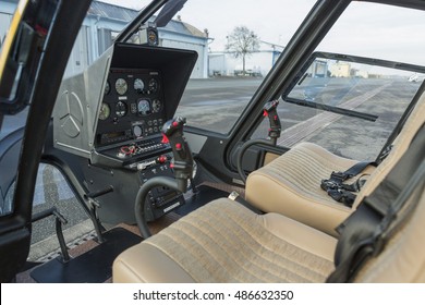 Cockpit helicopter - Instruments panel. Interior of helicopter control dashboard, Heli on the ground