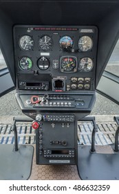 Cockpit helicopter - Instruments panel. Interior of helicopter control dashboard, Heli on the ground