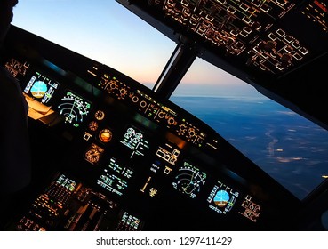 Cockpit Of A Passenger Plane. View From The Cockpit During The Flight Of A Passenger Aircraft.