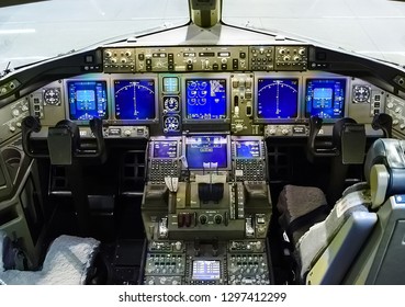 Cockpit of a passenger plane. View from the cockpit during the flight of a passenger aircraft.