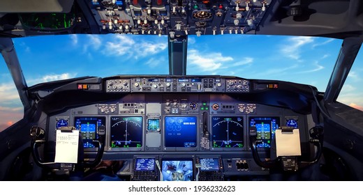 Cockpit pilot Flight Deck display. Throttle jet cabin with control panel plane. View in windows blue sky clouds