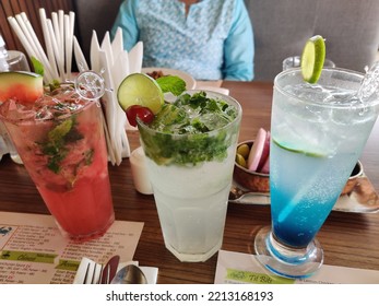 Cocktail Blue Lagoon Watermelon Punch And Virgin Mojito 