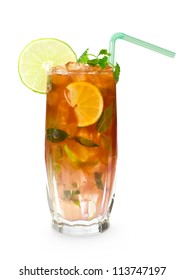 Cocktail With Cola, Ice, Mint And Lime. Glass Of Cold Iced Tea Isolated On White