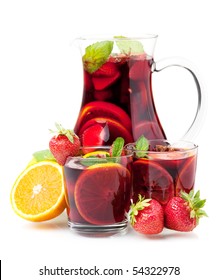 Cocktail collection - Refreshing fruit sangria in jug and two glasses. Isolated on white
