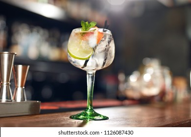 Cocktail Drink In Bar Close Up. Gin Tonic Cocktail  - Shutterstock ID 1126087430