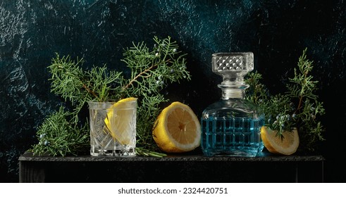 Cocktail gin-tonic with ice, lemon, and rosemary in a frozen glass. A refreshing drink with juniper branches on a dark blue vintage background. Copy space.