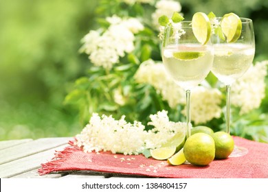 Cocktail "Hugo" with elderflowers, copy space