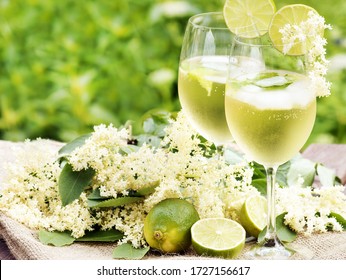 Cocktail Hugo with elderflowers, copy space