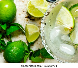 Cocktail Margarita . Fresh Cocktail With Ice Close Up . Top View