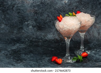 Cocktail Mixed With Strawberries And Rose Wine. Frose Slushy Smoothy Alcoholic Beverage.