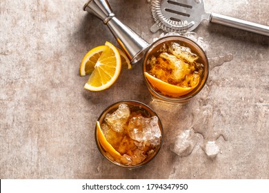 Cocktail Old Fashioned Negroni With Orange On The Bar Counter - Top Of View.