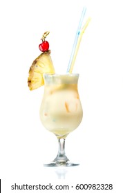 Cocktail pina colada with a piece of pineapple in cocktail glass Piña Colada isolated on white background
