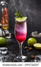 Cocktail With Sambuca, White Rum, Lime Juice, Soda, Currant Syrup