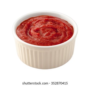 Cocktail Sauce In A White Ramekin. The Image Is A Cut Out, Isolated On A White Background, With A Clipping Path. 