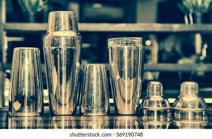  Cocktail Shaker, Bartender Tools, A Set Of Equipment, Bar, Retro Style, Vintage, Black And White Photo Toning 