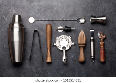 Cocktail utensils. Set of bar tools on stone table. Top view flat lay - Powered by Shutterstock