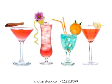 Cocktails Collage Collection. Blue Lagoon, Tropical Martini Cocktail, Red Cosmopolitan, Margarita, Mojito, Tequila Sunrise Drink Isolated On A White Background