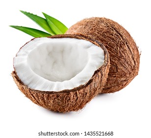 Coco. Coconut isolated. Coconut half and leaves on white background - Image