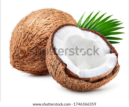 Coco. Coconut isolated. Coconut half and leaves on white background. Full depth of field.