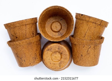 Coco Coir Pots On White Background.