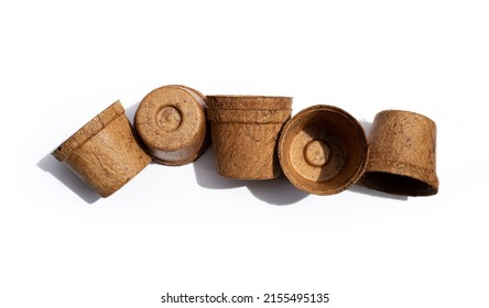 Coco Coir Pots On White Background.