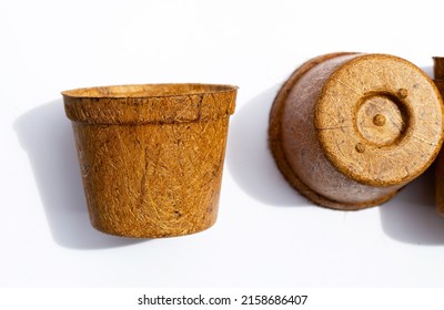 Coco Coir Pots On White Background.