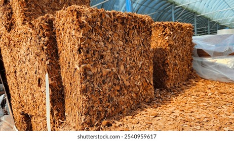 Coco husk chips blocks in storage room