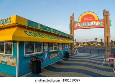 Cocoa Beach Pier, FL - USA - April 2, 2017: Coney Island Hot Dog Stand With Large Sign.