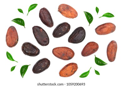 Cocoa Bean Decorated With Green Leaves Isolated On White Background Top View. Flat Lay