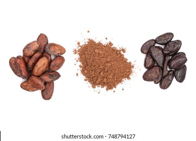 Cocoa Bean And Cocoa Powder Isolated On White Background Top View