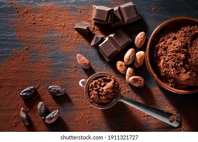  Cocoa Beans, Chocolate And Cocoa Powder Still Life