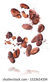 Cocoa beans flying in the air. Cracked cocoa beans levitate on white background. High resolution image. Levitation concept.