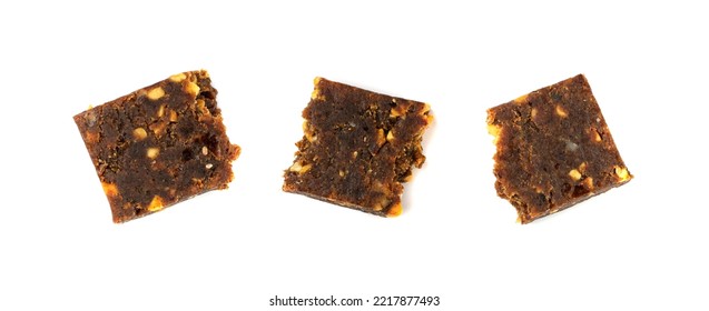 Cocoa Chia Paleo Bar Isolated, Crumbled Energy Snack With Nuts, Muesli, Protein Candy Bar, Fitness Fruit And Nut Mix On White Background