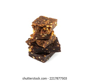 Cocoa Chia Paleo Bar Isolated, Crumbled Energy Snack With Nuts, Muesli, Protein Candy Bar, Fitness Fruit And Nut Mix On White Background