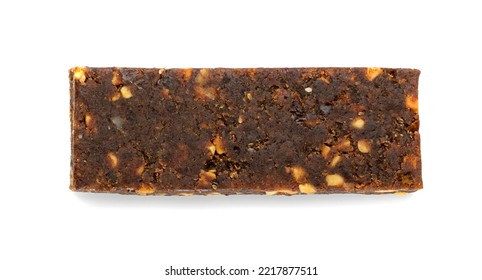 Cocoa Chia Paleo Bar Isolated, Energy Snack With Nuts, Muesli, Protein Candy Bar, Fitness Fruit And Nut Mix On White Background