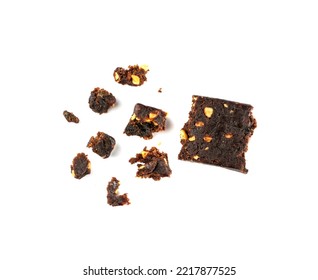 Cocoa Chia Paleo Bar Isolated, Crumbled Energy Snack With Nuts, Muesli, Protein Candy Bar, Fitness Fruit And Nut Mix On White Background