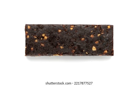 Cocoa Chia Paleo Bar Isolated, Energy Snack With Nuts, Muesli, Protein Candy Bar, Fitness Fruit And Nut Mix On White Background