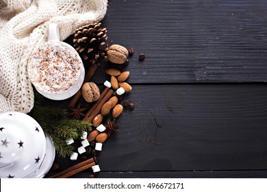 Cocoa, Coffee  With Marshmallows, Fir Branch, Nuts, Gift, Cozy Knitted Blanket. Winter, New Year, Christmas Still Life.