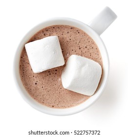 Cocoa drink with marshmallows in white mug isolated on white background, top view