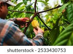 Cocoa farmer use pruning shears to cut the cacao pods or fruit ripe yellow cacao from the cacao tree. Harvest the agricultural cocoa business produces.