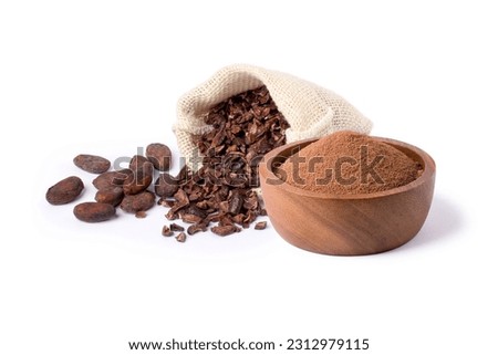 Cocoa nib in sack bag with dry cacao beans and cocoa powder in wooden bowl isolated on white background.